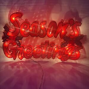 Vintage Lighted Light Up Red Season’s Greetings Christmas Sign Decor With Holly